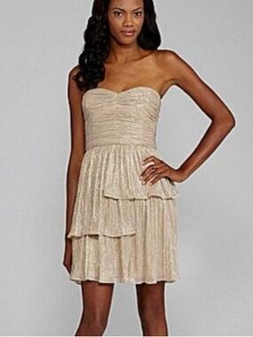 Max & Cleo Strapless Metallic Cream Tiered Cocktail Dress